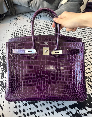Hermes Birkin 35 Amethyst Shiny Crocodile leather palladium hardware