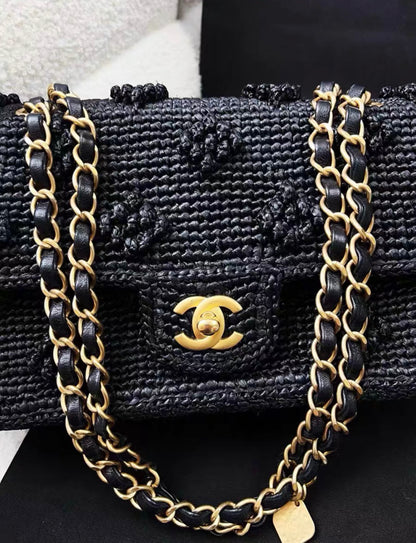 Chanel 24P Black Raffia Woven Classic Flap Bag Handbag 2024 Rare