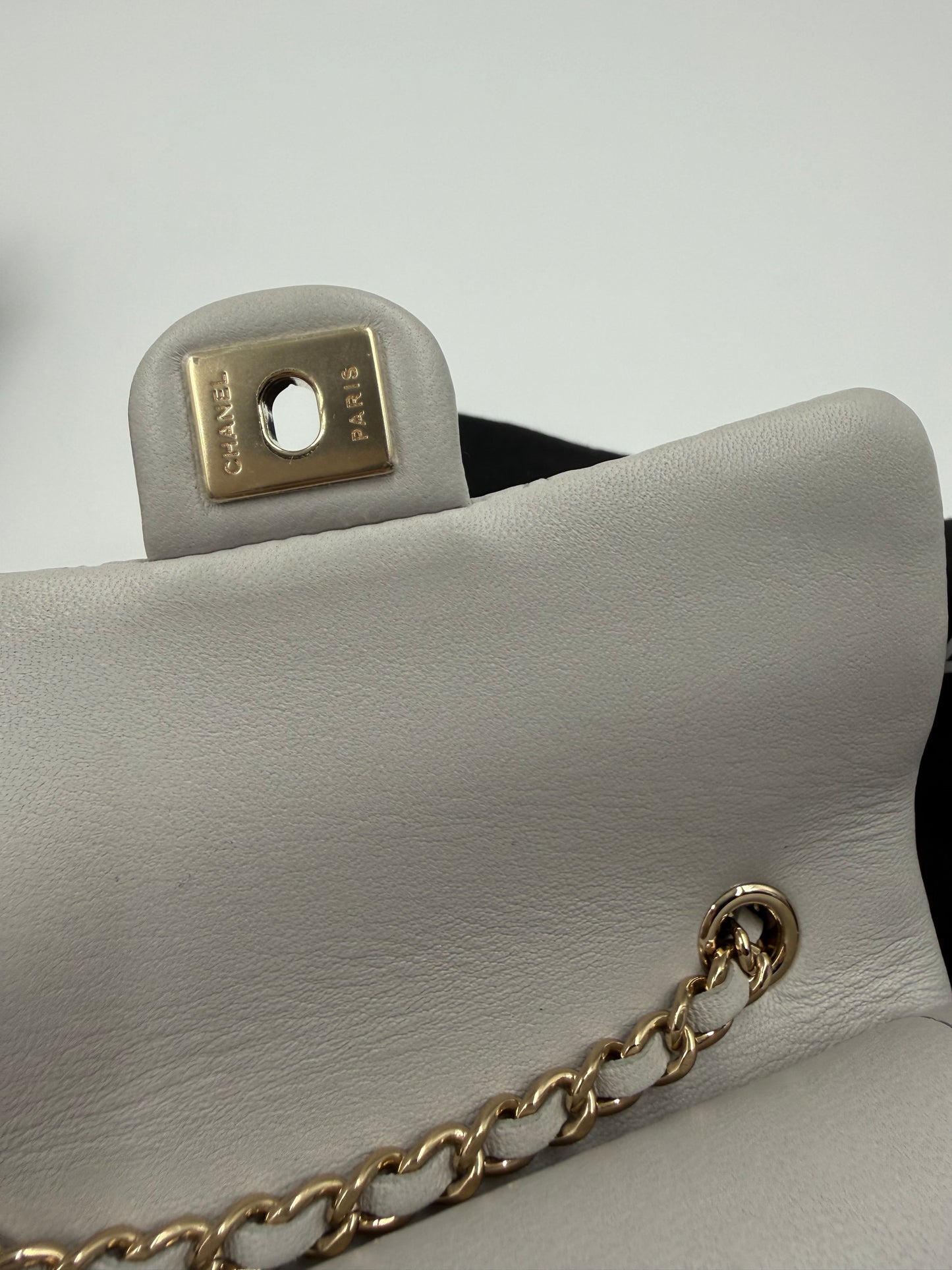 Chanel 25A CLASSIC MINI BAG WITH HOOK Gray Calfskin & light Gold-Tone Metal