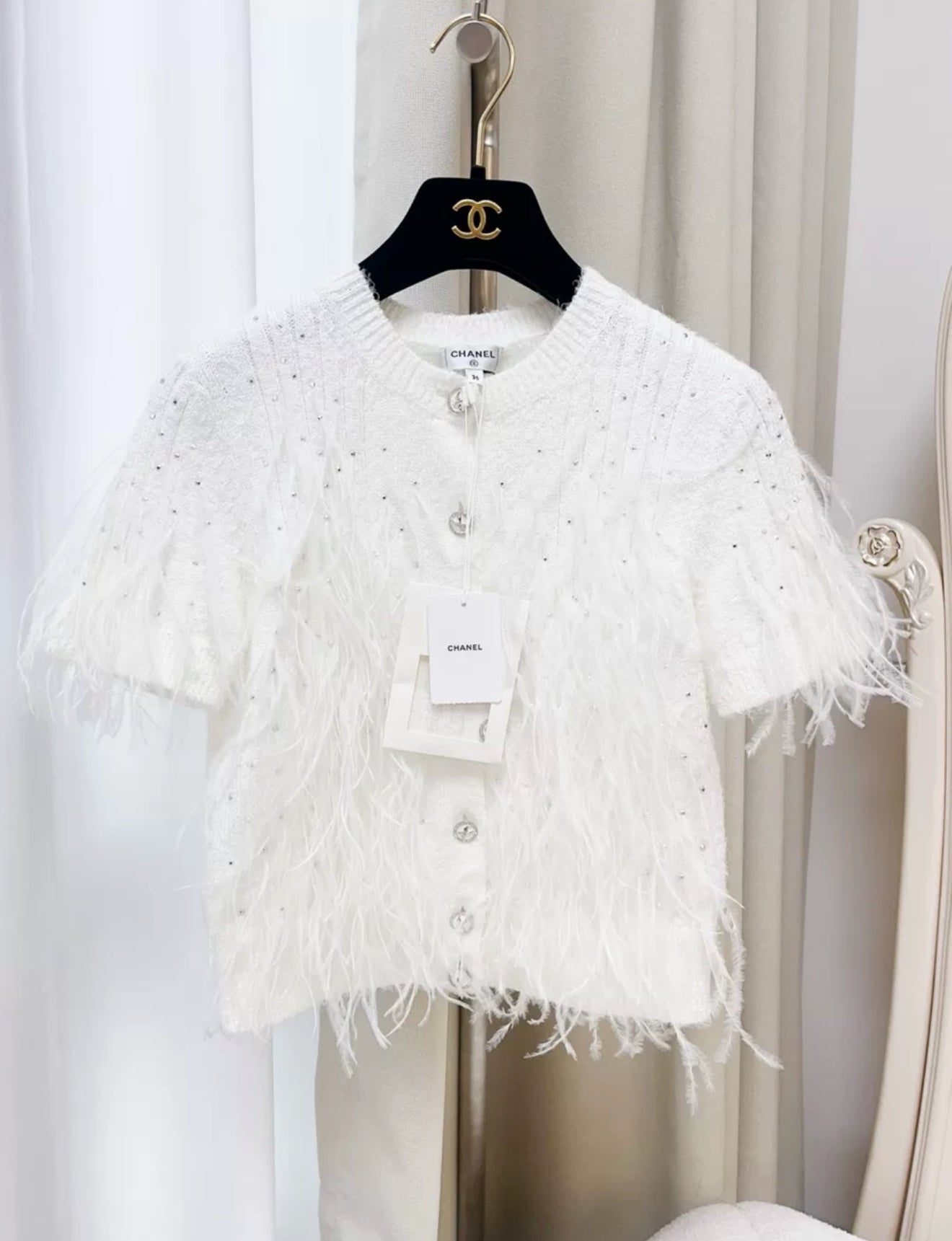 Chanel 25S white feather cardigan