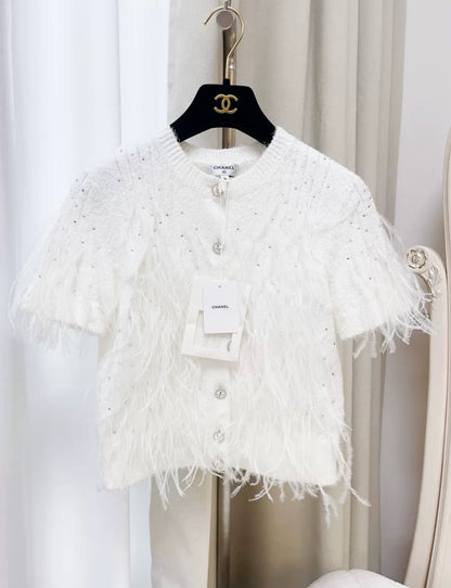Chanel 25S white feather cardigan