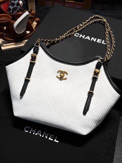 Chanel 26C Small White Woven Tote Bag with Black Trim