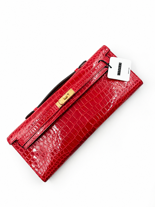 Hermes Kelly Cut Braise shiny porosus gold hardware