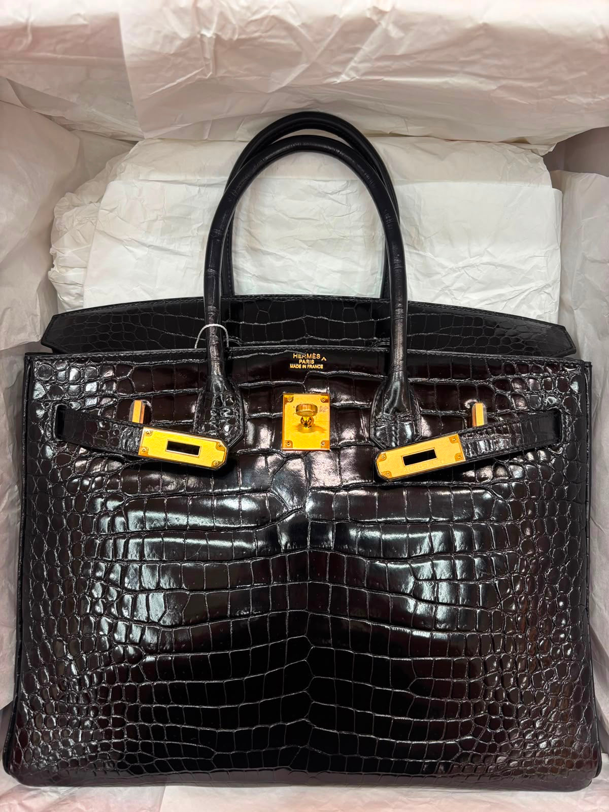 Hermes Birkin 35 Black Shiny Porosus crocodile leather  Gold hardware