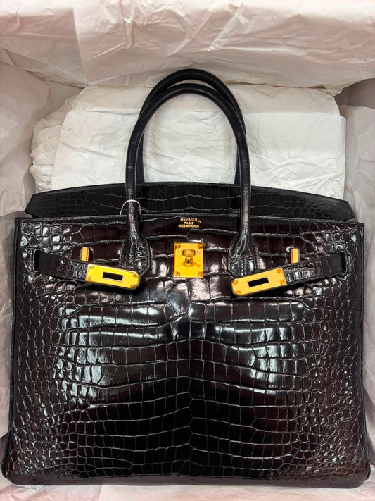 Hermes Birkin 35 Black Shiny Porosus crocodile leather  Gold hardware