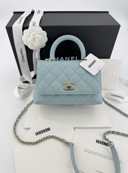Chanel baby blue grained leather mini coco handle with light gold hardware