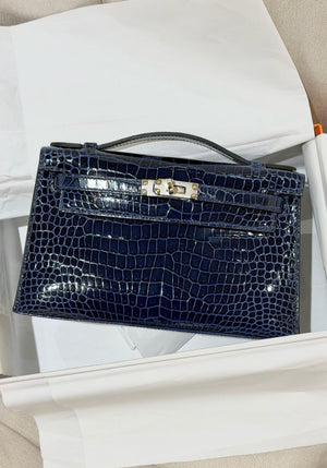 Hermes Kelly Pochette Blue Sapphire Shiny Porosus Palladium Hardware