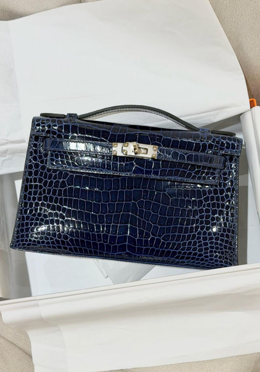Hermes Kelly Pochette Blue Sapphire Shiny Porosus Palladium Hardware