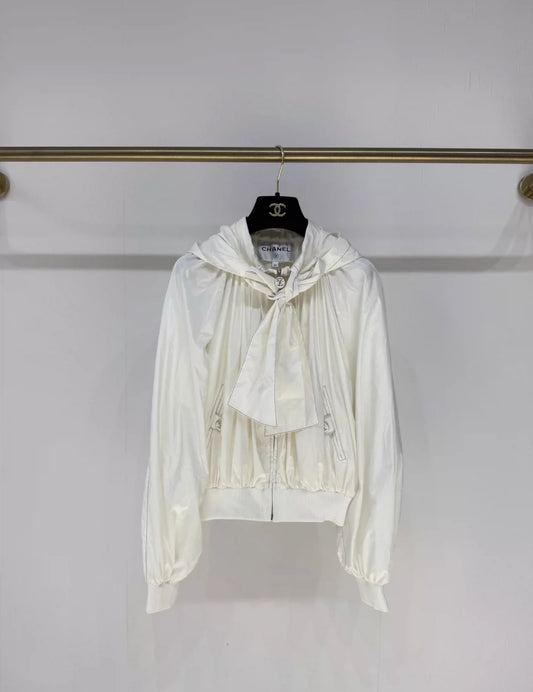 Chanel 25M coco beach white silk taffeta butterfly hooded