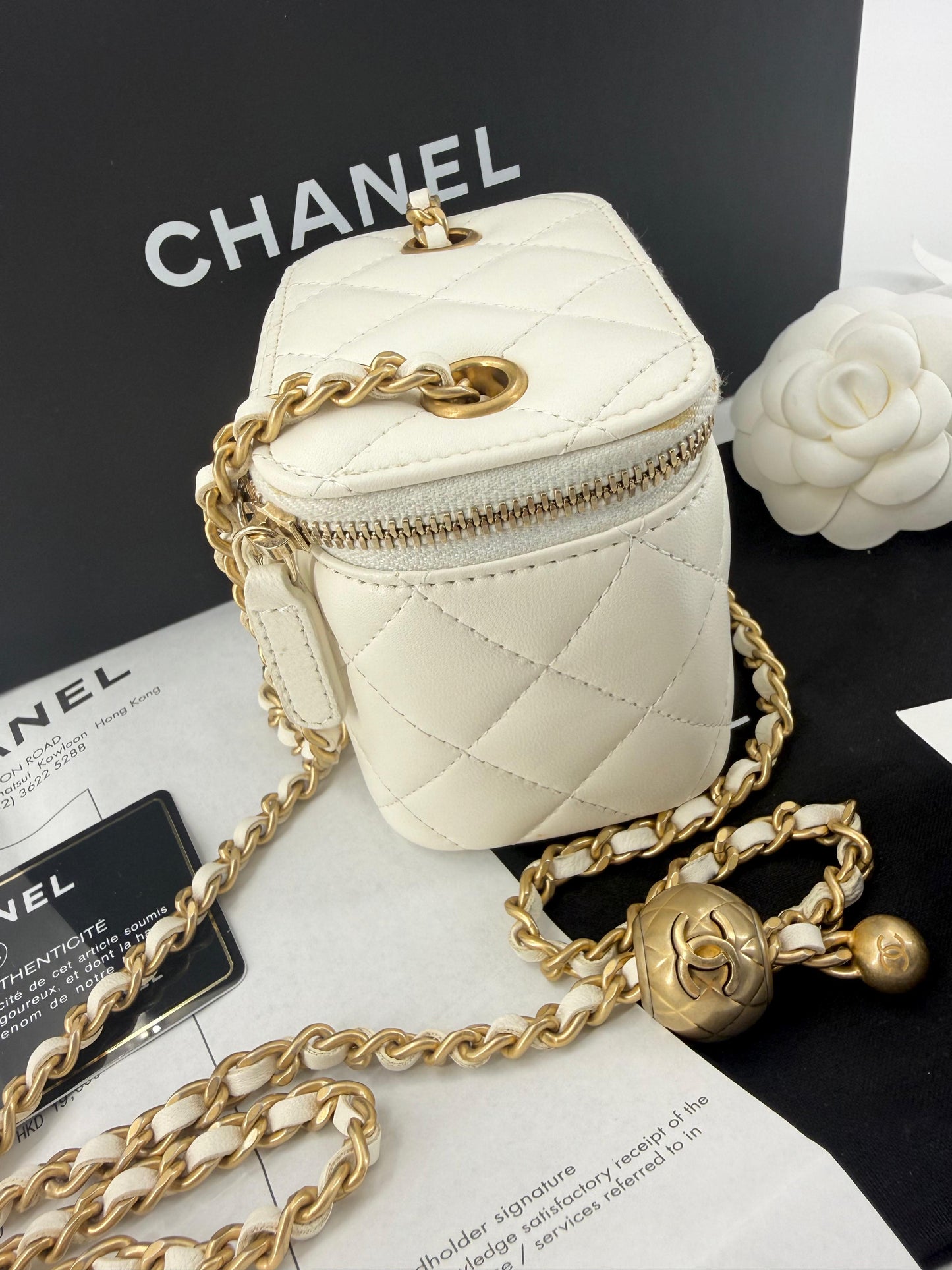 Chanel ecru mini vanity case gold chain hardware