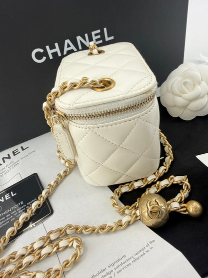 Chanel ecru mini vanity case gold chain hardware