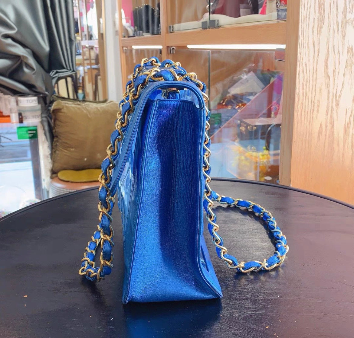 CHANEL 95P VINTAGE "BARBIE" MAXI FLAP METALLIC BLUE BAG 24K GHW CLASSIC PCI