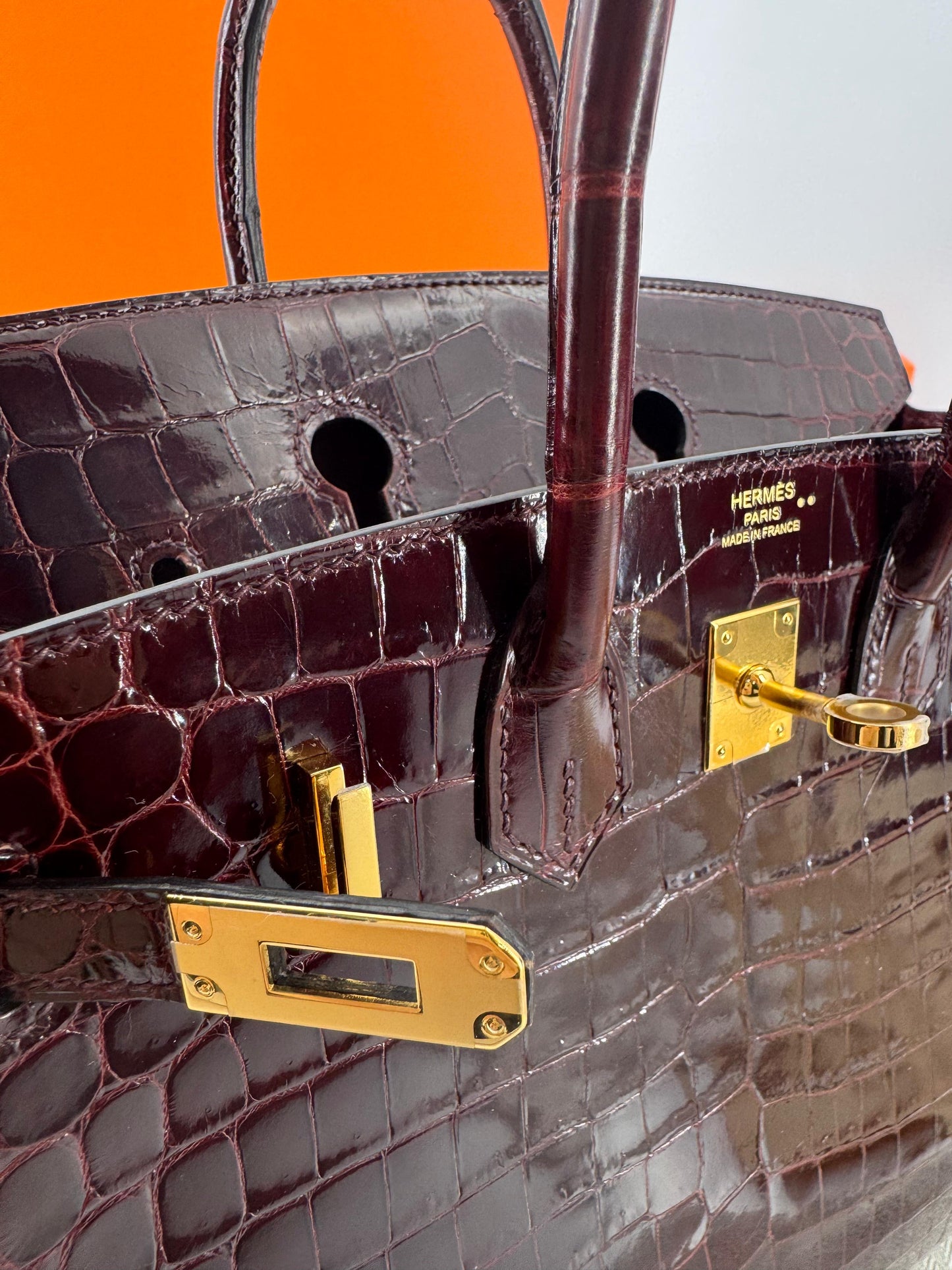Hermes Birkin 25 Red Bordeaux shiny crocodile leather gold hardware