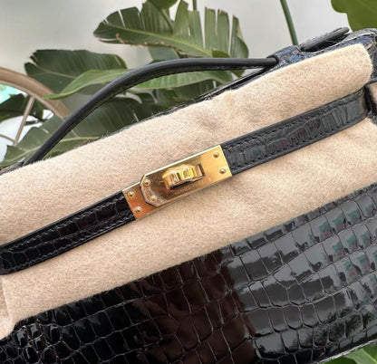 Hermès Kelly Pochette Black Shiny Porosus Crocodile Gold Hardware