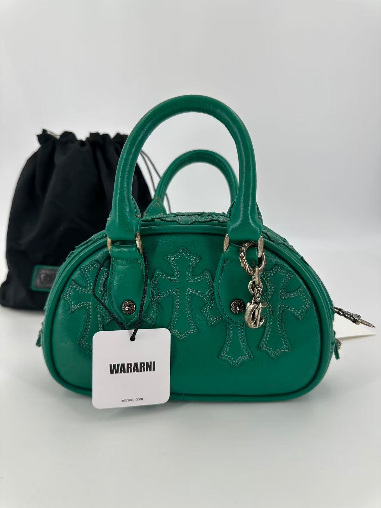 Chrome Hearts green leather cross embroidered small tote bag