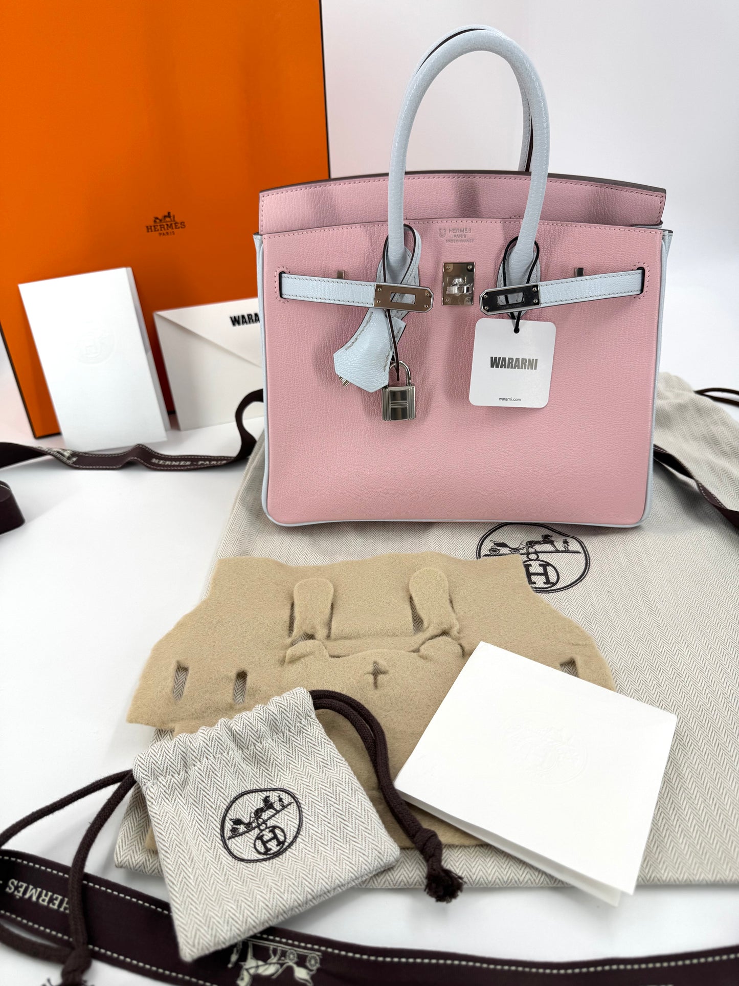 Hermès Birkin 25 3Q rose sakura pink & T0 Blue Brume Goatskin leather Brushed Palladium Hardware