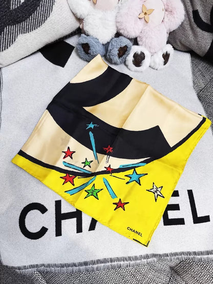 Chanel 26A yellow and multi-coloured star and double C logo silk scarf