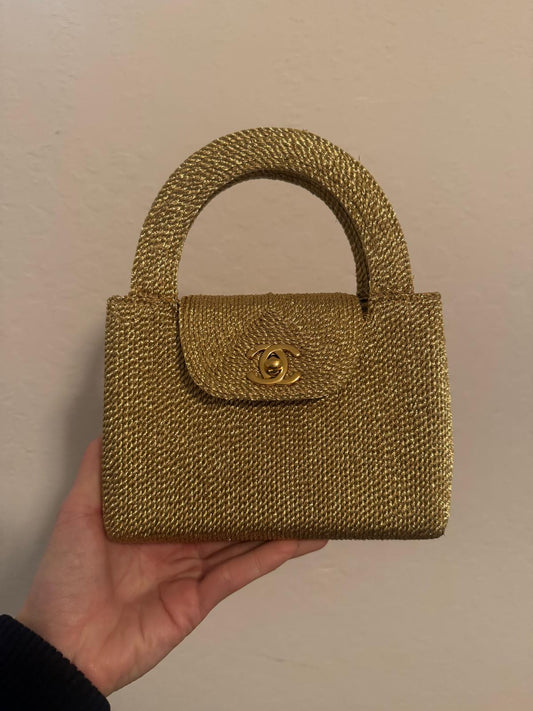 Rare Chanel 1998 Gold Silk Woven  Mini Kelly Bag