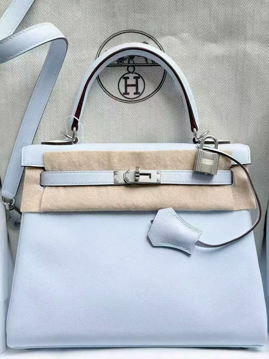 Hermes Kelly 25 Bleu Brume Swift Palladium