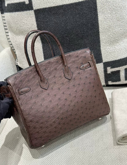 Preloved Birkin 25 Chocolate Ostrich Palladium Hardware