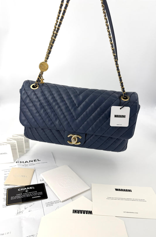 Chanel blue leather flap bag gold hardware