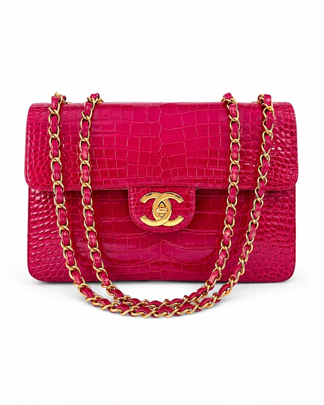 Chanel Red Shiny Crocodile Maxi flap with gold hardware