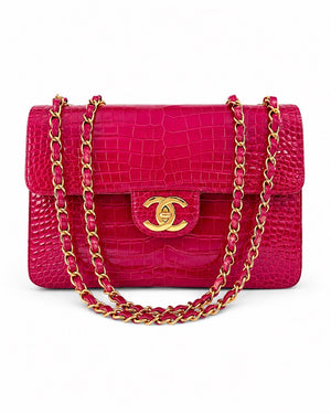 Chanel Red Shiny Crocodile Maxi flap with gold hardware