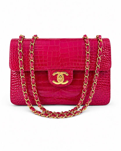 Chanel Red Shiny Crocodile Maxi flap with gold hardware