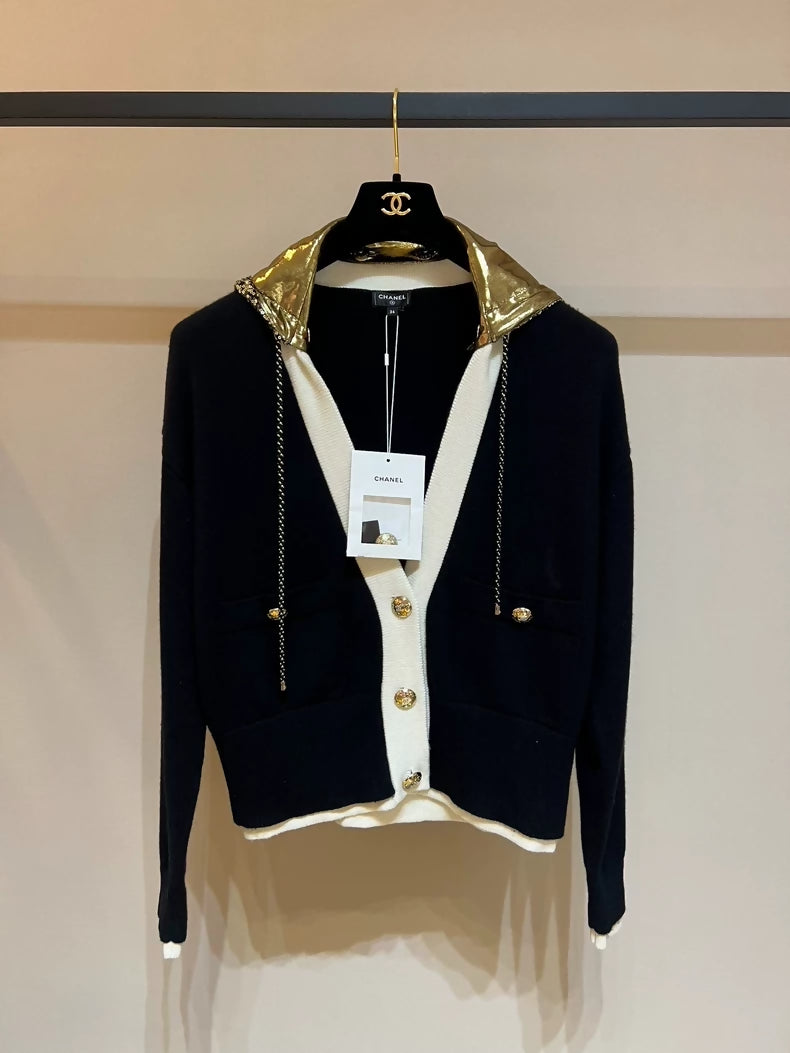 Chanel's 2024 early spring collection black and gold sequined knitted hooded jacket