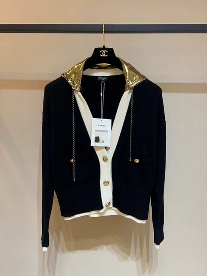 Chanel's 2024 early spring collection black and gold sequined knitted hooded jacket