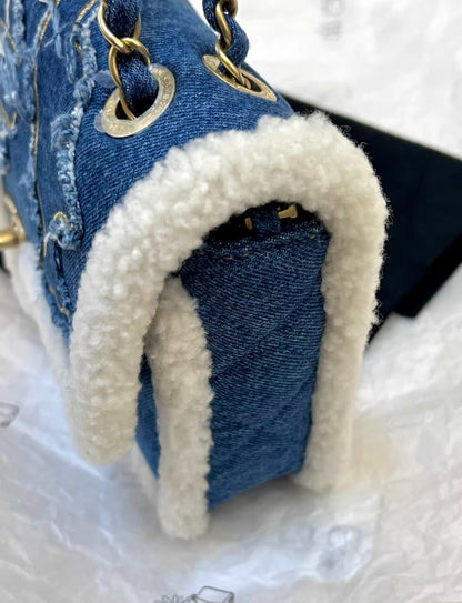 Chanel 19 Paris-Egypt Blue Denim & Shearling Hieroglyph Flap Medium