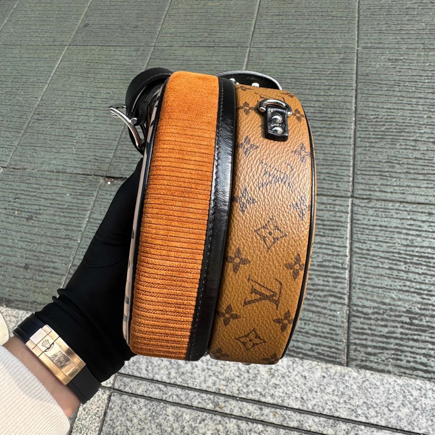 Louis Vuitton 2018 Brown Reverse Monogram Canvas, Corduroy, and Leopard Petit Boite Chapeau Souple Bag Silver Hardware