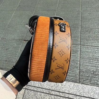 Louis Vuitton 2018 Brown Reverse Monogram Canvas, Corduroy, and Leopard Petit Boite Chapeau Souple Bag Silver Hardware