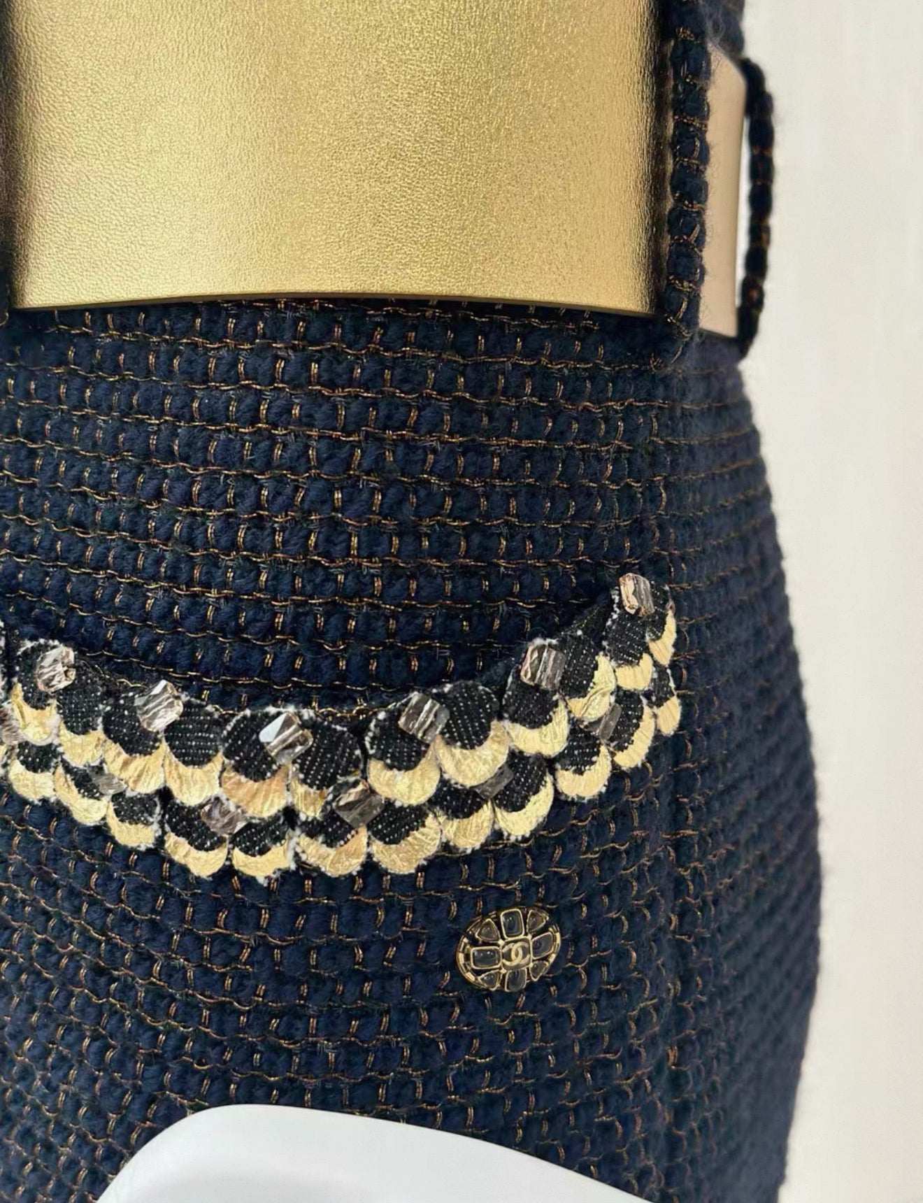 Chanel 19A Navy Blue & gold Embroidered Tweed dress
