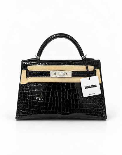 Hermès Mini Kelly Sellier Mini Black Shiny Porosus Crocodile Diamond Hardware