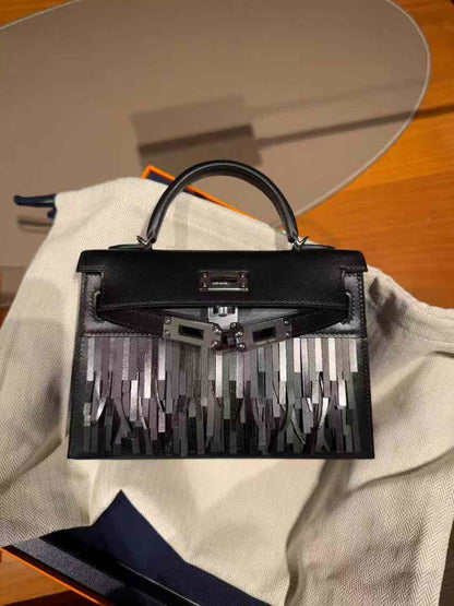 Hermes mini Kelly 20 Fringe Pampille Black Box/Swift leather palladium hardware