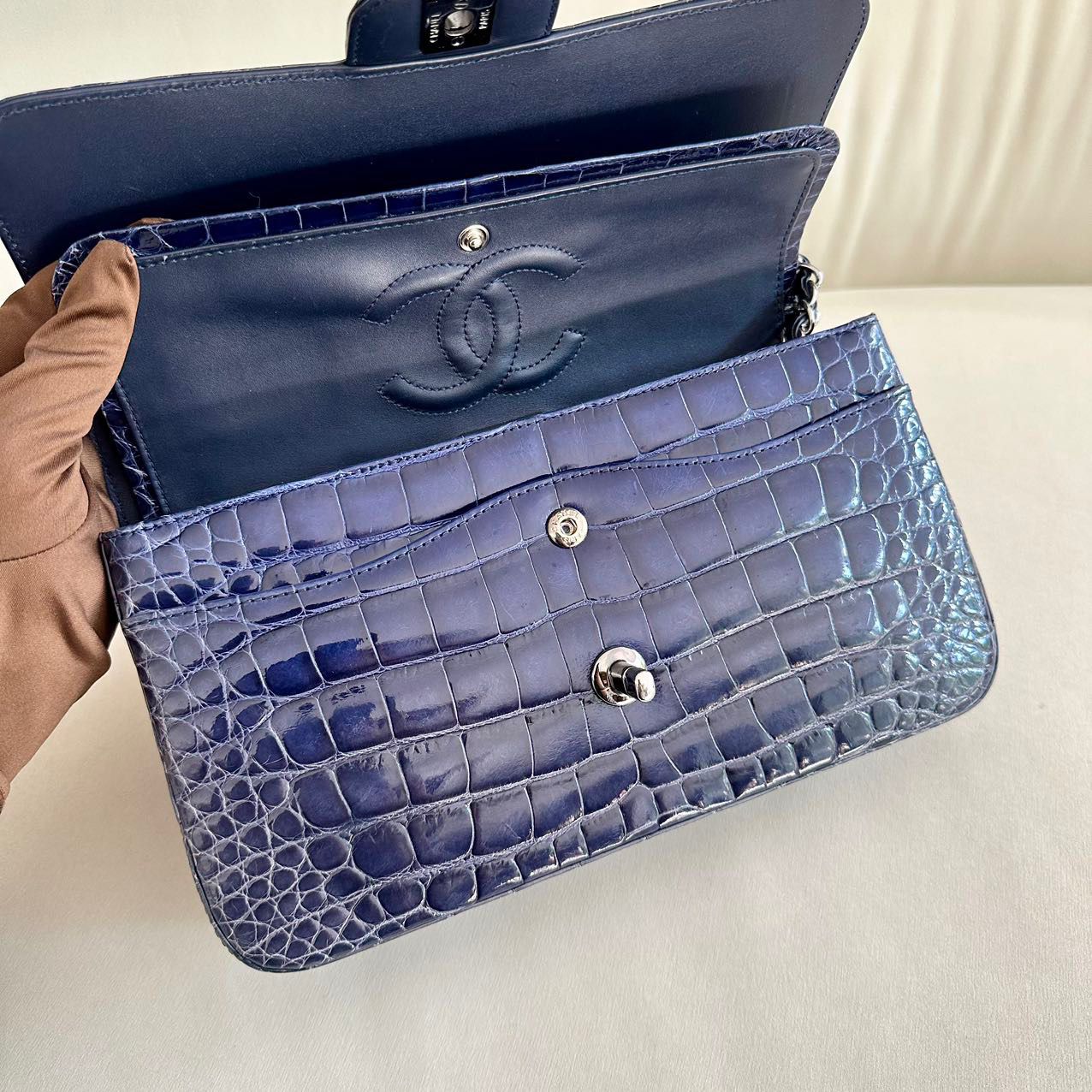 CHANEL SHINY BLUE ALLIGATOR CLASSIC FLAP BAG WITH SILVER HARDWARE