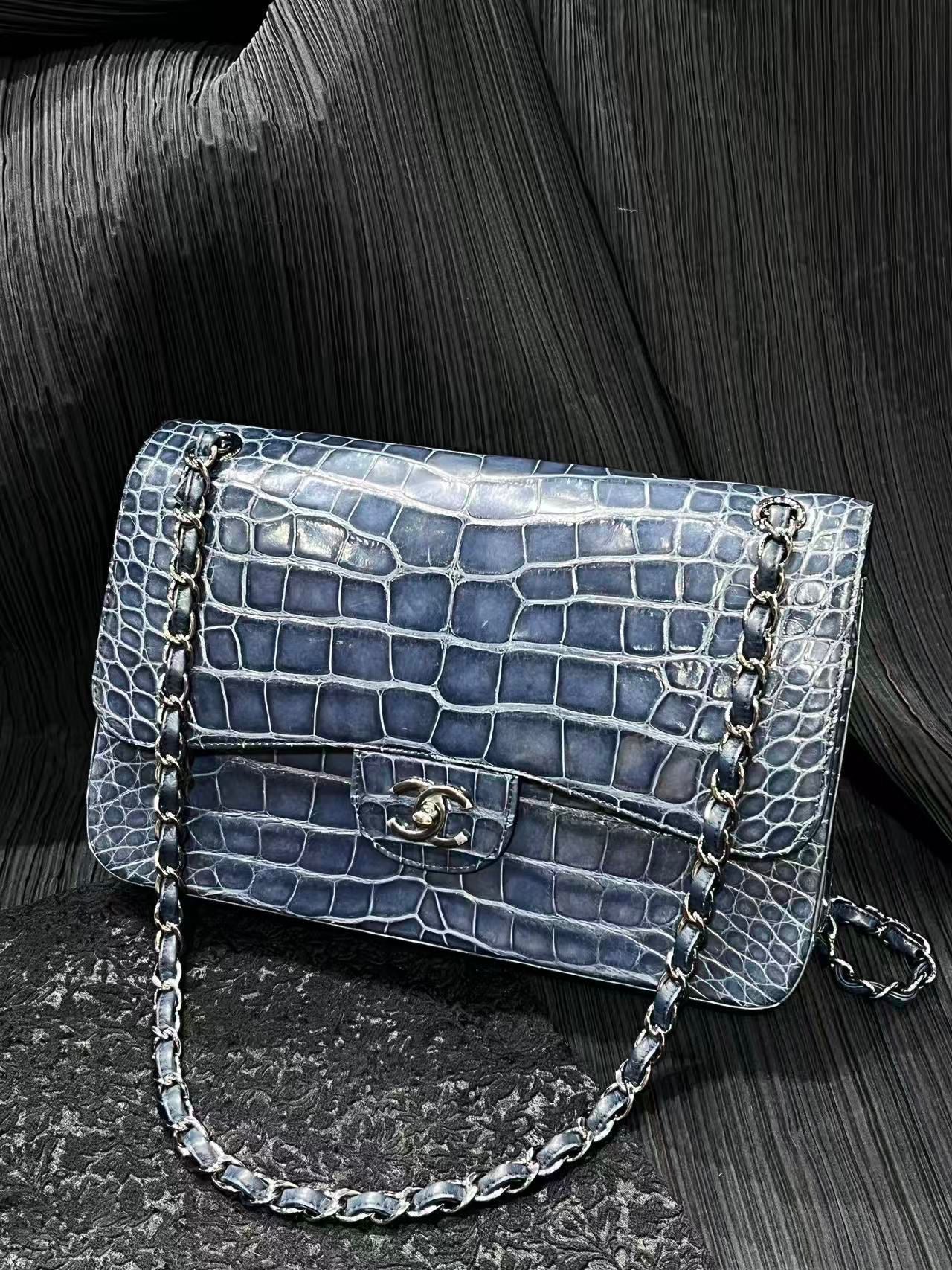Chanel Blue Matte Crocodile Leather Maxi Flap Silver hardware