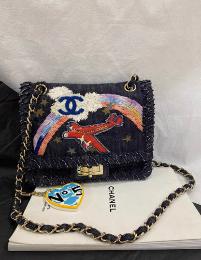 CHANEL 2006 VINTAGE NIGHT FLIGHT DENIM REISSUE AIRPLANE RAINBOW BAG 24K GHW