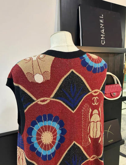 Chanel 19A Red 
Blue Cashmere Cardigan