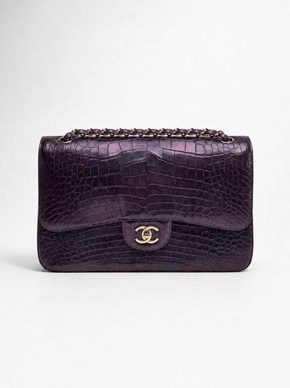 Rare**Chanel 2015 irisdent jumbo purple Crocodile flap bag