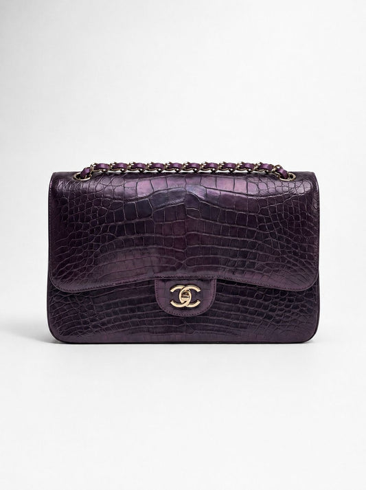 Rare**Chanel 2015 irisdent jumbo purple Crocodile flap bag