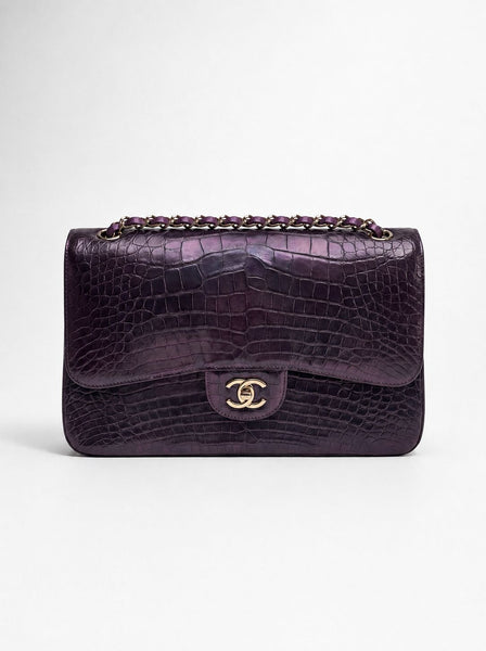 Rare**Chanel 2015 irisdent jumbo purple Crocodile flap bag