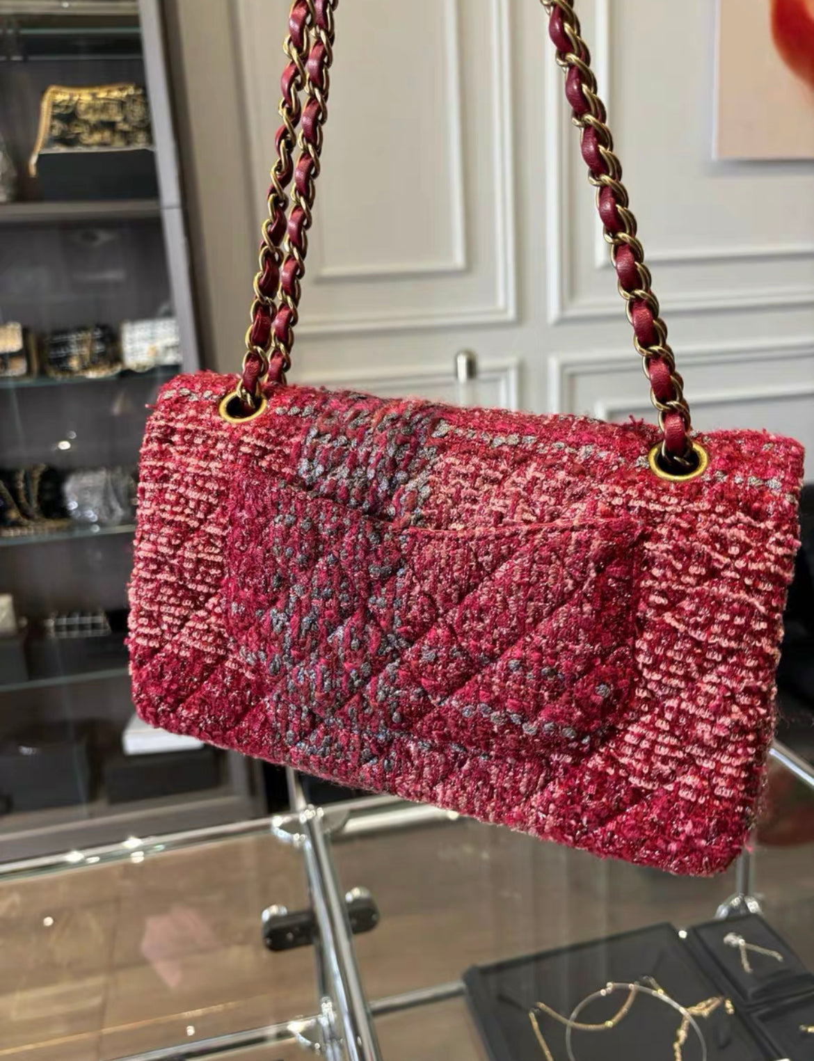 Chanel Burgundy Red and Multicolor Tweed Medium Classic Flap Bag Gold Hardware, rare model