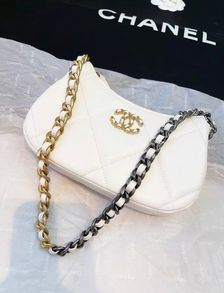 Chanel 19 Hobo Bag White Aged Calfskin Brushed Gold Hardware