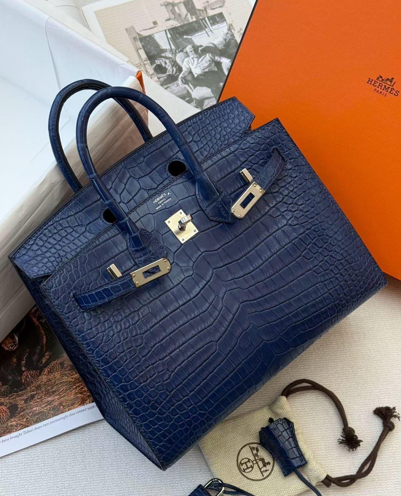 Hermès Birkin 25 Sellier Aizome Matte Porosus Palladium hardware