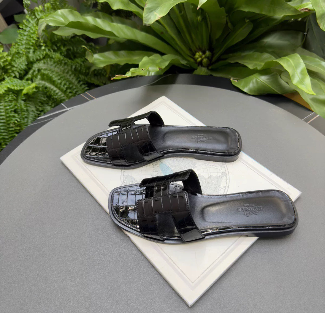 Hermes Sandals Black shiny crocodile leather