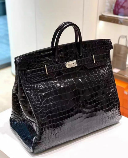 HERMÈS HAC 50 BLACK SHINY POROSUS CROCODILE PALLADIUM HARDWARE