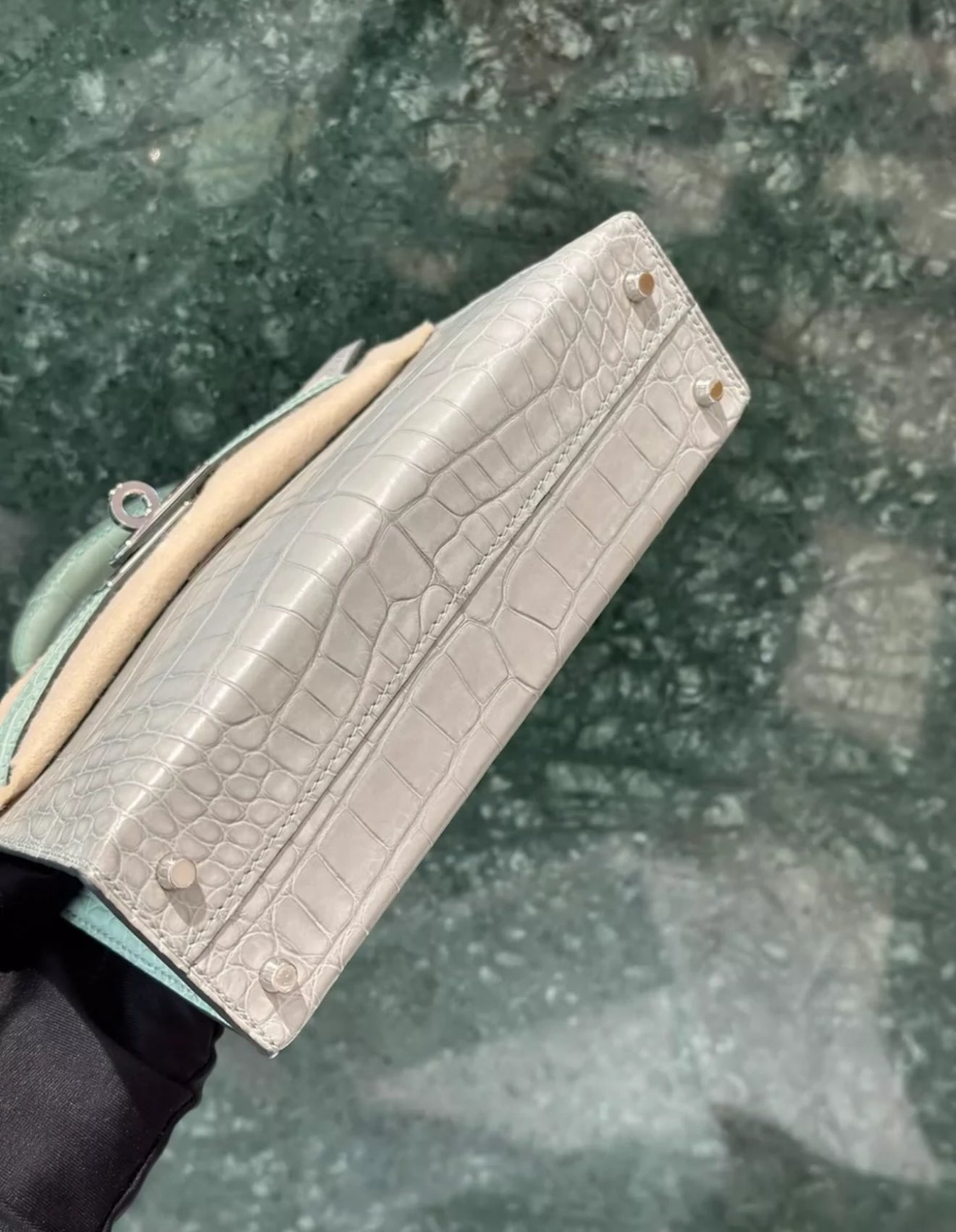 HERMÈS MINI KELLY 20 HSS GRIS PERLE AND VERT D'EAU MATTE ALLIGATOR PALLADIUM HARDWARE