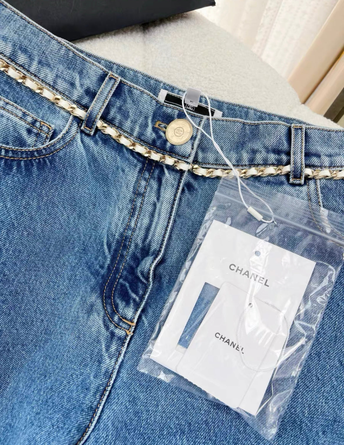 Chanel 23N Coco Neige blue chain denim in size 38